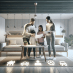 Norsk familie som gjennomgår forsikringsdokumenter hjemme, moderne minimalistisk stil, ikoner for hjem, bil og reise, profesjonelt lys