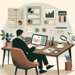 Illustrasjon av økonomisk planlegging: en person ved skrivebord med budsjettdokumenter, kalkulator og laptop, nøytral fargepalett, moderne stil