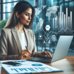 Profesjonelt forretningsbilde: analytiker som gransker grafer og regnskapstall på laptop, moderne kontormiljø, norske aksjer og ESG-ikoner i bakgrunnen