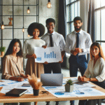 Moderne gründer som presenterer finansplan på et kontor, med grafer, laptop og planleggingsdokumenter, naturlig lys, profesjonelt og optimistisk utseende