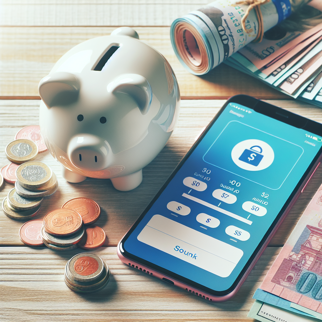 Nærbilde av sparegris ved siden av en mobilbank-app og sedler på et trebord, moderne, lyse farger, lett tekstur og tydelig fokus på økonomisk trygghet