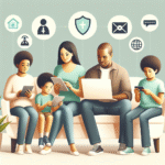 Moderne familie med digitale enheter, forsikringsikoner og nettbasert dokumentasjon i lys, vennlig stil