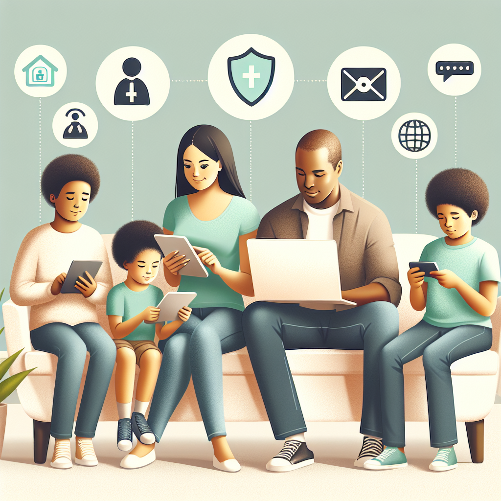 Moderne familie med digitale enheter, forsikringsikoner og nettbasert dokumentasjon i lys, vennlig stil