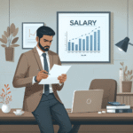 Norsk profesjonell som ser på lønnsgraf og notater, moderne kontor, nøytral fargepalett, realistisk stil