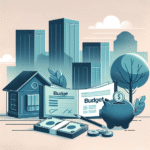 Illustrasjon av økonomisk beredskap: en trygg sparekonto, notater med budsjett, og en nedtonet storby i bakgrunnen. Moderne, rolig fargepalett.