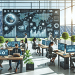 Moderne kontorlokale med blend av teknologi og grønn energi: ansatte bruker bærbare PC-er, skjermer viser grafer, planter og solcellepaneler i bakgrunnen, profesjonell stil