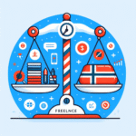 Moderne illustrasjon av en frilanser økonomi: vektbalanse mellom stabilitet og fleksibilitet, digitale ikoner, norske farger, flatt design