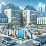 Moderne bymiljø med boligblokker og enfamiliehjem, solenergi-paneler på tak, elbil-ladestasjoner, mennesker som bruker digitale visninger på nettbrett — lys, klar og profesjonell stil